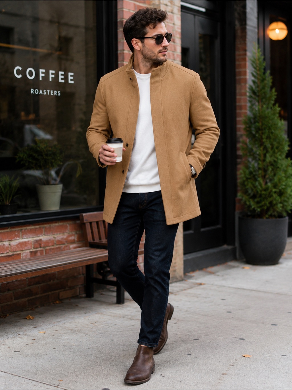 George Men's Camel Stand-Collar Wool-Blend Pea Coat | Size M